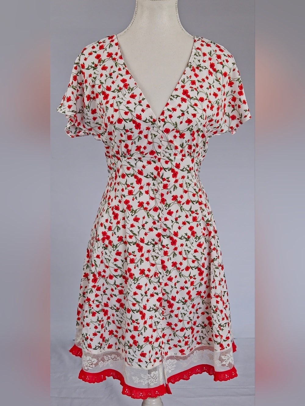 Ivory Red Floral Dress with Vintage Lace Hem | Vintage Style Sun Dress